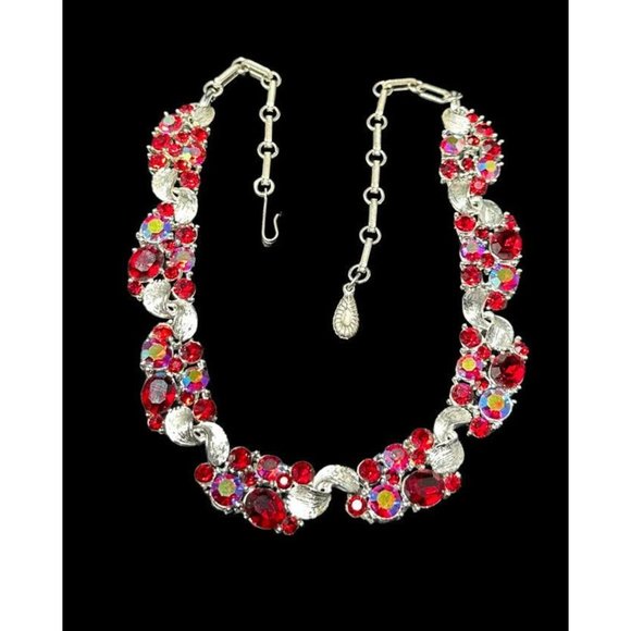 Vintage Lisner Bright Red Glass and AB Silver Tone Choker Necklace 17" - Picture 7 of 8